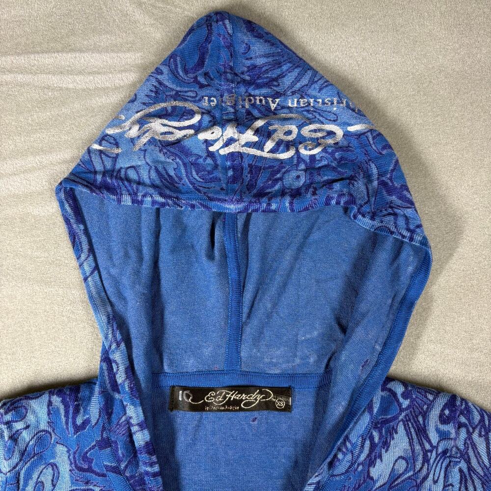Ed Hardy Christian Audigier Womens XS Blue Skull Roses Hooded Zip Up Dress Y2K - Picture 3 of 8